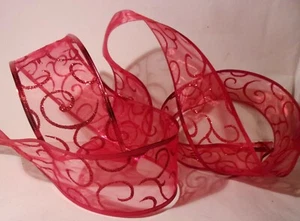 RED Christmas Decorating RIBBON 100% Nylon-GLITTER Wire Edges Vines 6½+yds.x 2½" - Picture 1 of 4