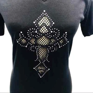 Sexy Mesh Cross Rhinestone Embellished Tshirt NWT Biker Peekaboo Club Unique Sml - Picture 1 of 7