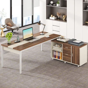 Industrial Office Desk w/ Rolling File Cabinet, L Shaped Executive Computer Desk - Picture 1 of 23