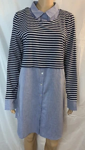 LESHOP Buttons Up shirt dress SZ L Striped long sleevesTop/Denim Blue Bottom - Picture 1 of 11