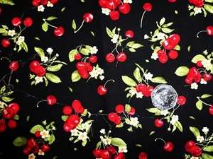 fat quarter cotton poplin with bright red cherries and white flowers on black - Picture 1 of 2