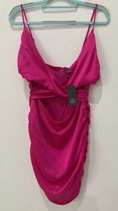 Wild Fable Women's L Vibrant Pink Sleeveless Ruched Satin Bodycon Dress NWT - Picture 1 of 9