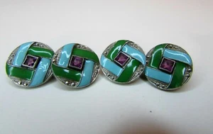 ANTIQUE ART DECO SILVERPLATE ENAMEL RHINSTONE DOUBLE CUFFLINKS - Picture 1 of 5