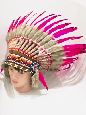 Indian Feather Pink Headdress Native American Bonnet Head Dress Hanmade - Image 1 of 4