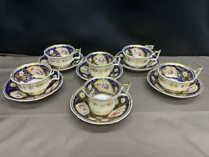 Set of 6 (2 sizes) Cobalt & Gold Antique Coalport Batwing Tea Cups & Saucers - Picture 1 of 12