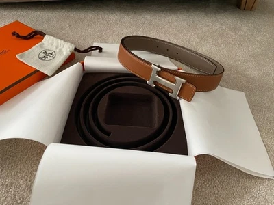 Hermes Reversible Belt Kit 90cm Tan and Etoupe Brushed Silver H Buckle 32mm - Image 1 of 4