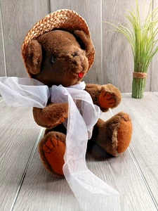 1985 Kent Collectables Jean Steele brauner Teddybär Korb Schal Mütze mit Gelenken 12 Zoll - Bild 1 von 10