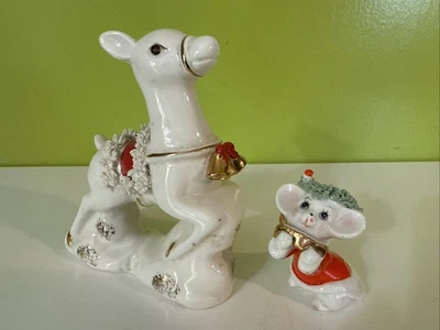 Vintage NAPCO Christmas Spaghetti Trim Ceramic Reindeer (4.5”) & Mouse (2.25”) - Image 1 of 4