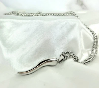 Collar Corncello italiano para hombre enchapado en plata.  Cadena 12 pulgadas 2 pulgadas colgante 110 Foto 1 de 4