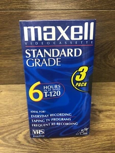 Nuevas cintas VHS en blanco Maxwell 6 horas T-120 grado estándar paquete de 3 selladas de fábrica - Imagen 1 de 4