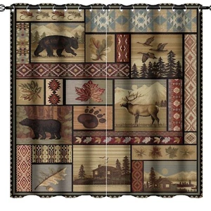 Vintage Deer Bear Farmhouse Blackout Curtains - Retro Cabin Lake Country Lodg... - Picture 1 of 8