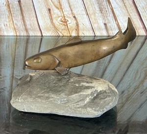CHARLES REUSSNER Bronze Stone Trout Salmon Fish Figurine Statue Signed Swiss - Picture 1 of 17