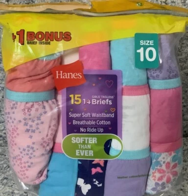 ⚡️Hanes Girls Underwear Briefs Mid rise Pull on Breathable Fabric (Sz 10) 15pk - Image 1 of 2