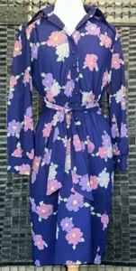 LESLIE FAY VINTAGE Long Sleeve DRESS BLUE W/Floral Print 1/2 BUTTON Front - Picture 1 of 14