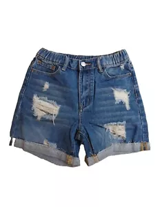 NEW Girls 10yrs distressed cutoff denim Jean shorts blue high waist Elastic 10Y - Picture 1 of 5