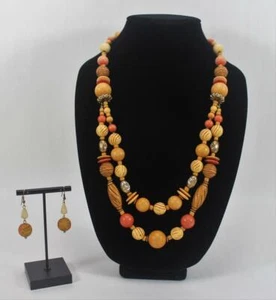 Vintage 2 Strand Plastic Beaded Necklace & Pierced Earring Set - Picture 1 of 5