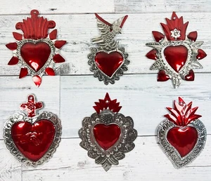 Mexican Milagros Charms Folk Art Sacred Heart Tin Ornaments Set Of 6 Pcs Pack#19 - Picture 1 of 1