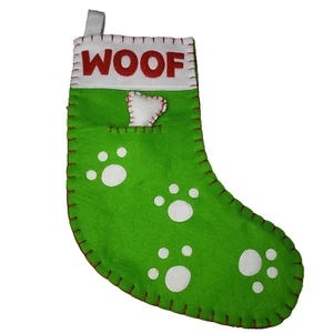Felt Christmas Pet Stocking Green Paw Printed Woof Treat Pocket 15" - Picture 1 of 5