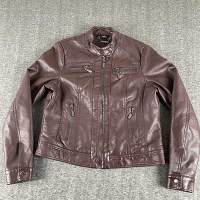 JouJou Women’s M Faux Leather Moto Jacket Burgundy Faux Fur Lined Zip Pockets - Image 1 of 4