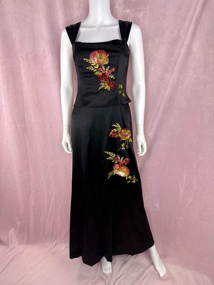 Vintage Y2K ABS Allen Schwartz Womens Black Satin Floral Embroidered Dress 8 90s - Image 1 of 4