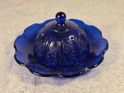 Vintage Royal Lace Cobalt Blue Covered Butter Dish Round Depression Glass - Image 1 of 4