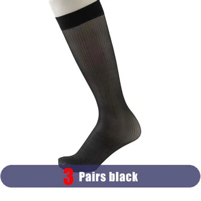 3 pares de calcetines largos finos transpirables de negocios a rayas de nailon para hombre Foto 1 de 4