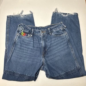 H&M GIRLS 18 BAGGY JEANS WIDE LEG EMBROIDERED DISTRESSED SKATE Y2K 2000S SKY - Picture 1 of 14
