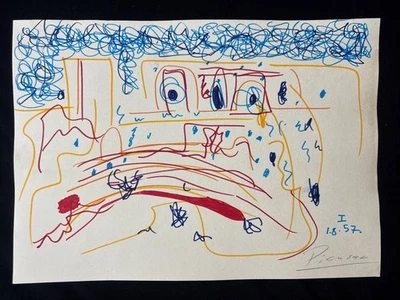 Pablo Picasso (Handmade) Drawing mixed media on paper signed & stamped - Image 1 of 3