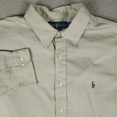 Ralph Lauren 衬衫男式 18 码灰色/米色小马礼服纽扣长袖 — 第 1/4 张图片