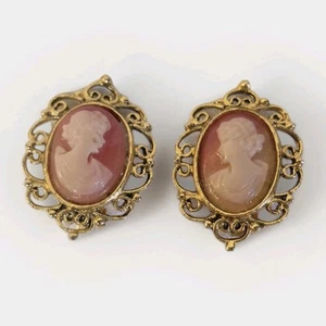 Cameo Earrings Filigree Gold Tone Clip Ons Vintage  - Picture 1 of 6