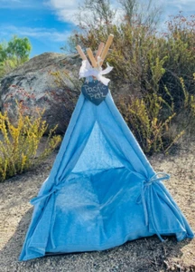 Pet Teepee Dog & Cat Tent Bed w/Cushion & Chalkboard, Cotton, Blue - Picture 1 of 7