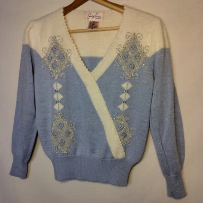 Suéter Jaclyn Smith Petite S Azul Blanco Plata Cuentas Acrílico Angora Lana Cuentas Foto 1 de 4