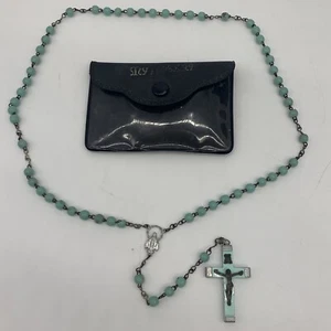 VTG 1950s Italian Turquoise Blue Glass Bead Catholic Rosary 16" Necklace w/ Case - Picture 1 of 17