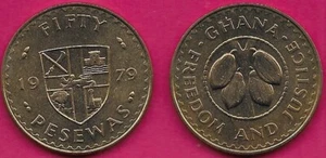 GHANA 50 PESEWAS 1979 UNC 1 YEAR TYPE,COCOA BEANS(BINOMIAL NAME THEOBROMA CACAO) - Picture 1 of 1
