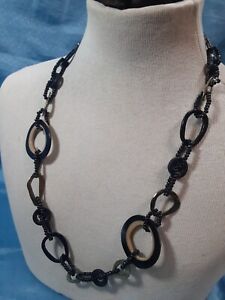 Modernist Black Bead - Cut Out Circles & Brass NECKLACE OR BELT retro Groovy