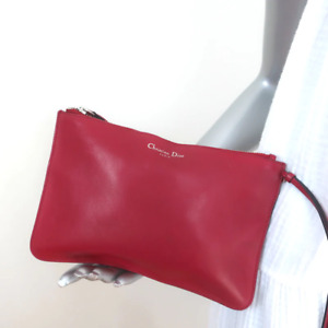 Christian Dior Wristlet Pouch Red Leather Small Clutch