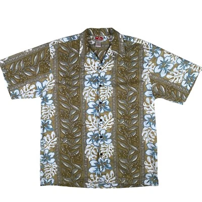Camisa Hawaiana Malibu Dreams Para Hombres L Algodón Floral Oliva/Azul Manga Corta Botón Foto 1 de 4