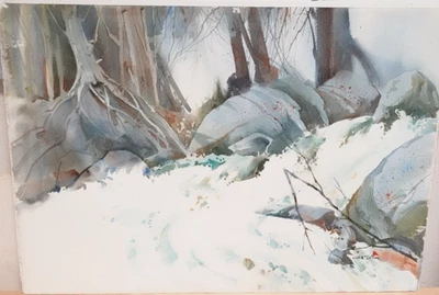 AL STINE «ДИКИЙ И БЕСПЛАТНЫЙ» ОРИГИНАЛЬНЫЙ АКВАРЕЛЬ ЗИМНИЙ СНЕГ ПЕЙЗАЖ КАРТИНА - Изображение 1 из 4