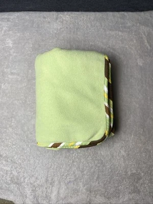 Trend Lab Framed Green Fleece Baby Blanket Brown Yellow White Striped Trim Lovey - Image 1 of 4