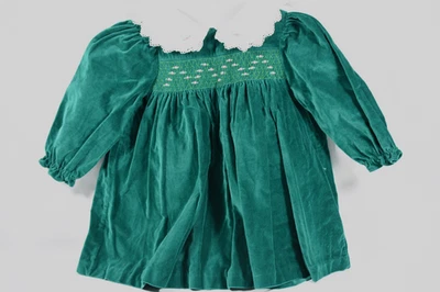 Vestido de veludo verde vintage infantil tamanho 2TP rosa colarinho rosa ilhós renda férias - Imagem 1 de 4
