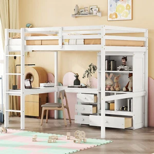 Wood Full Loft Bed Frame W/ Desk Storage Shelves Drawers Guardrail/ Ladder White - Picture 1 of 12