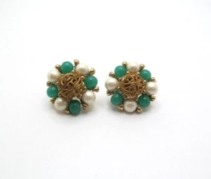 Vintage Marvella Faux Pearl & Green Filigree Beaded Round Clip Earrings - Picture 1 of 6