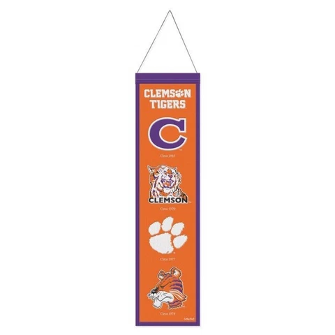Clemson Tigers NCAA Heritage Banner Embroidered Wool 8" X 32" W/ Hanging Rope Cover