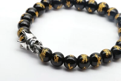 Brazalete de plata esterlina con cuentas de piedras preciosas de ónix negro dragón dorado calavera motociclista para hombre Foto 1 de 4