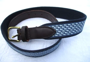 Vineyard Vines Blue Micro Whale Print Canvas Belt Youth 28 Leather Brass Buckle - Picture 1 of 11