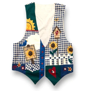 Vintage Handmade Vest Blue White Gingham Checks Sunflower Buttons Open Front - Picture 1 of 14