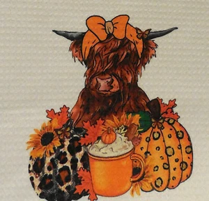 Asciugamano cucina mucca fattoria 24 x 16 fattoria mucca arancione zucca latte autunno mucca highlander - Foto 1 di 4