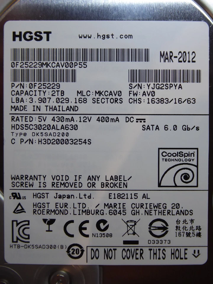 Hitachi HDS5C3020ALA630 | MLC: MKCAV0 | P/N: 0F25229 | MAR-2012 | 2TB  - Bild 1 von 1
