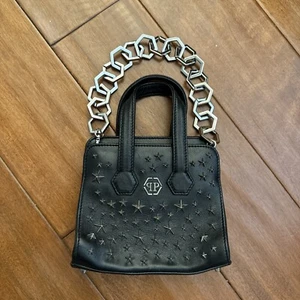 Philipp Plein Purse Black Small Tote Bag Leather Star Studded Embellishment - Picture 1 of 16