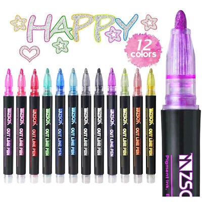 12 Colors Drawing Double Line Outline Pen Highlighter Marker Pens For School UK